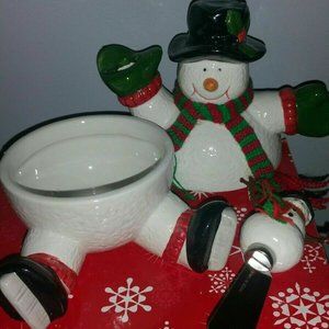 Snowman Cheese Bowl With Lid and  Knife Spreader